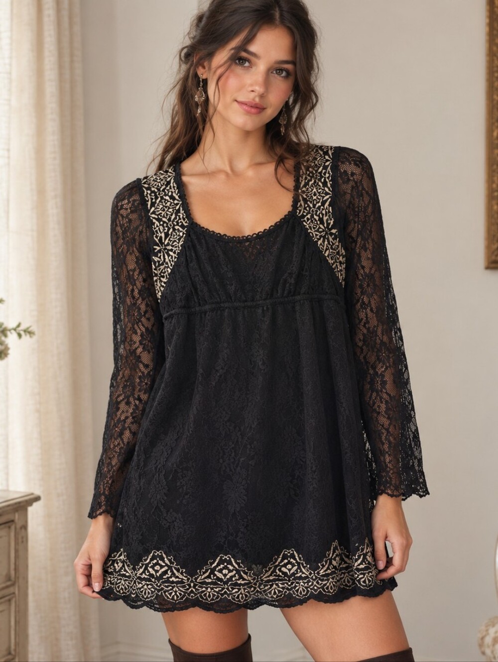 Black Lace Embroidered Boho Babydoll Tunic Dress Size L Dark Academia Fairycore